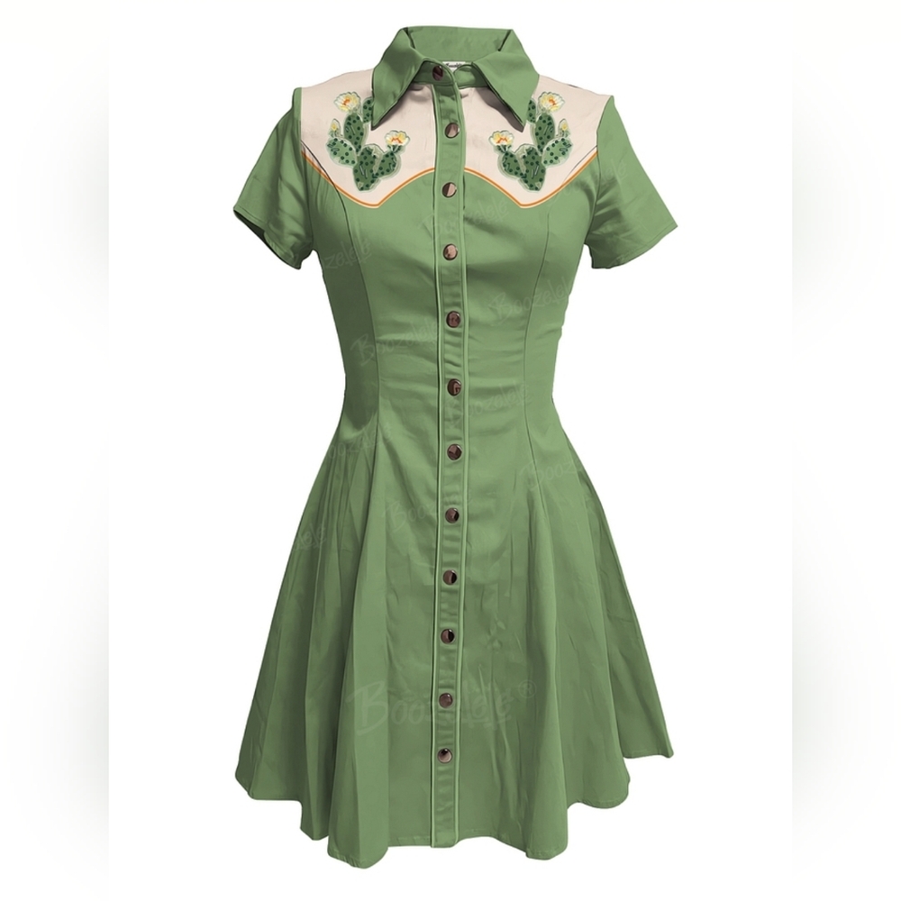 BoozeLele Western Dress – Retro Cactus, Green sz XL - 100% cotton
